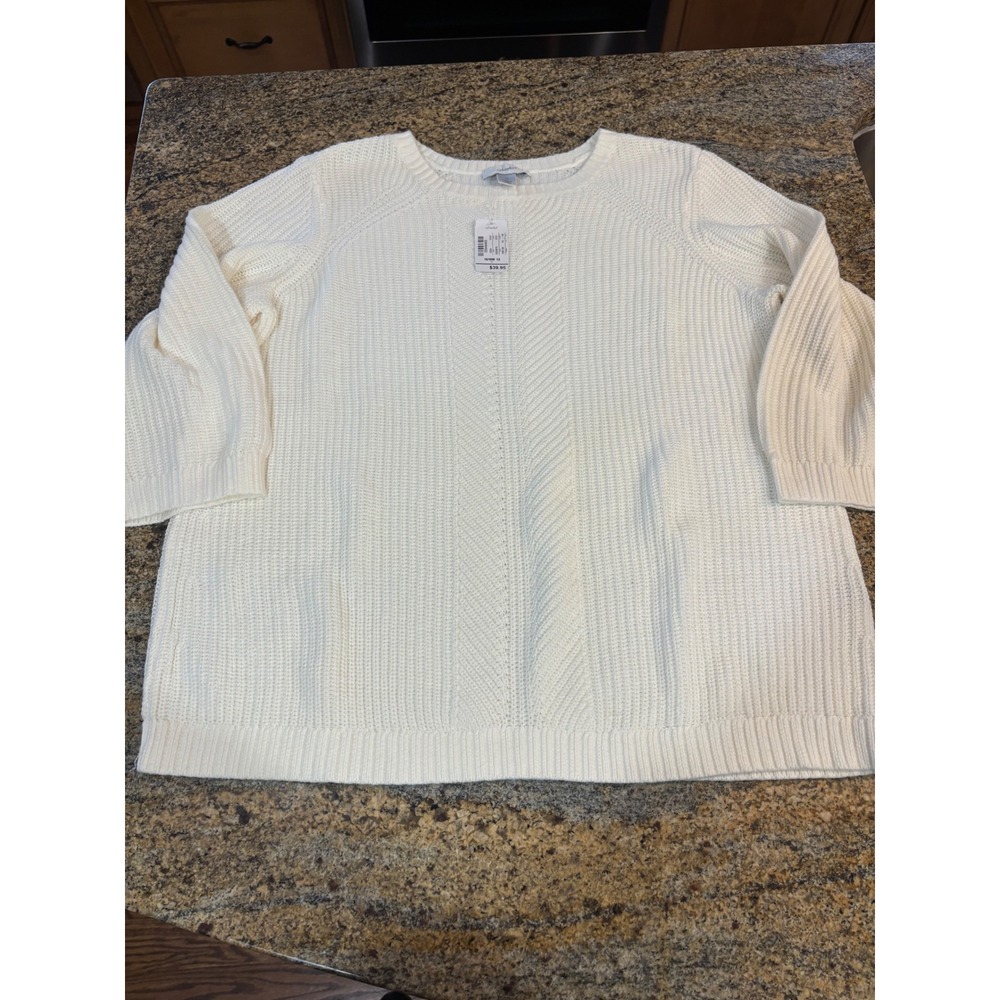 NWT Cj Banks White Textured Cable Knit 3/4 Sleeve Crewneck Sweater Plus 1X‎